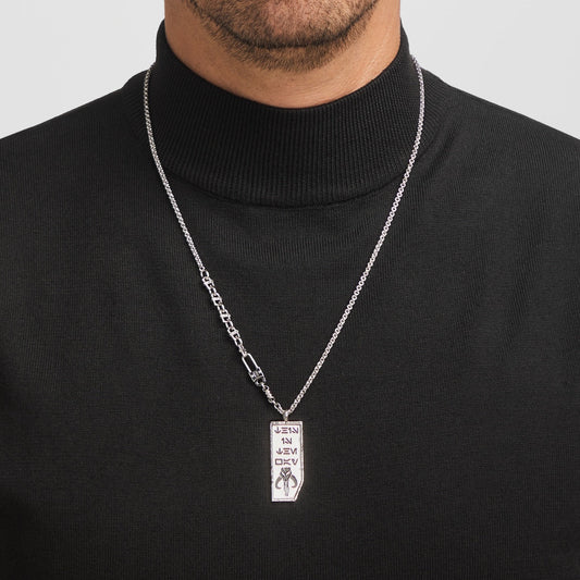 Close-up of Star Wars x RockLove This is the Way necklace showing Aurebesh engraving and Mythosaur symbol-2