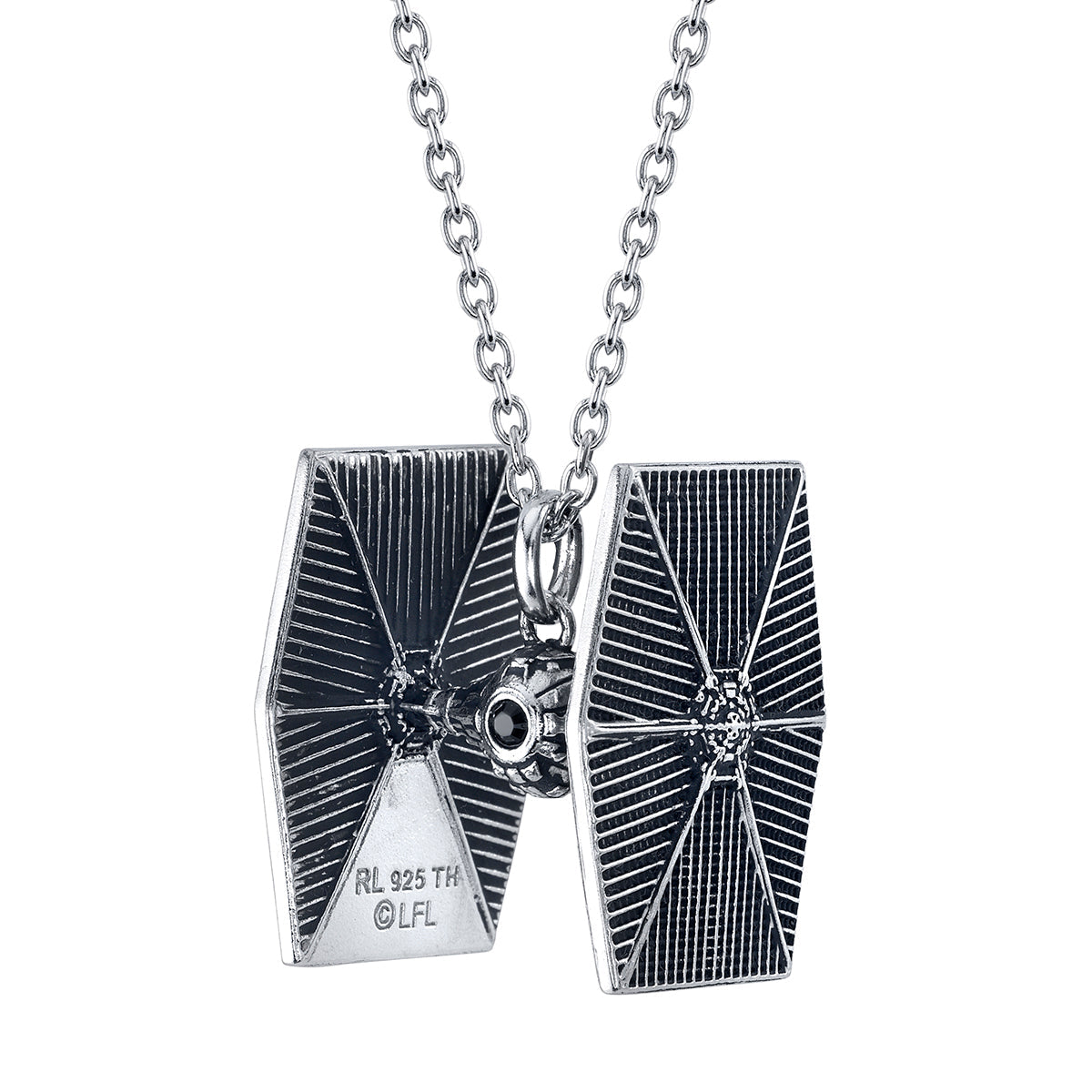 Front view of the TIE Fighter necklace showing antiqued silver detail