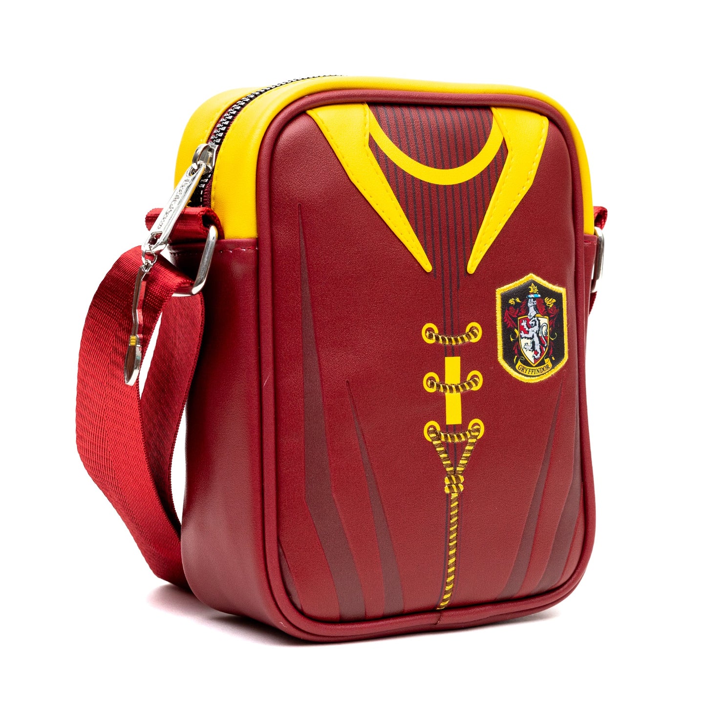 Close-up of the vegan leather texture and printed Gryffindor Quidditch design