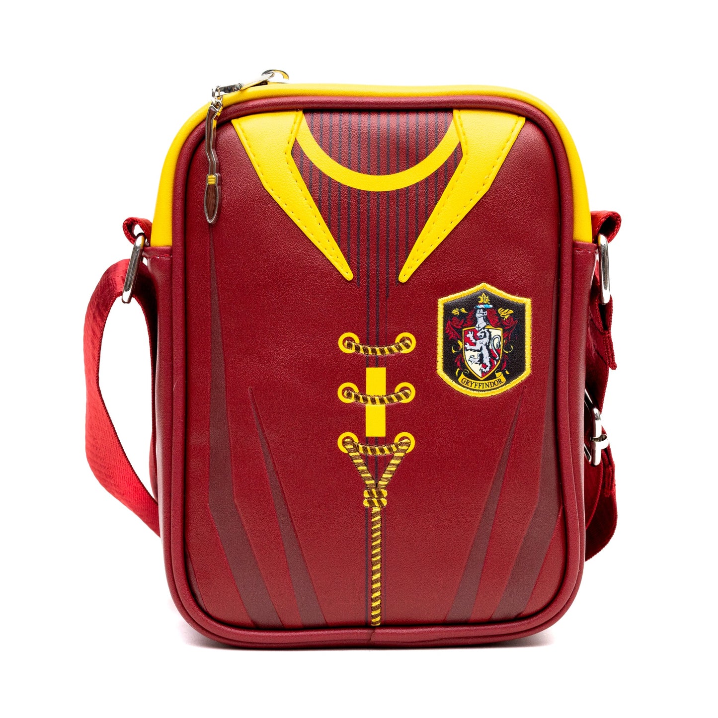 Front view of the Harry Potter Gryffindor Quidditch Crossbody Bag showing scarlet and gold uniform artwork
