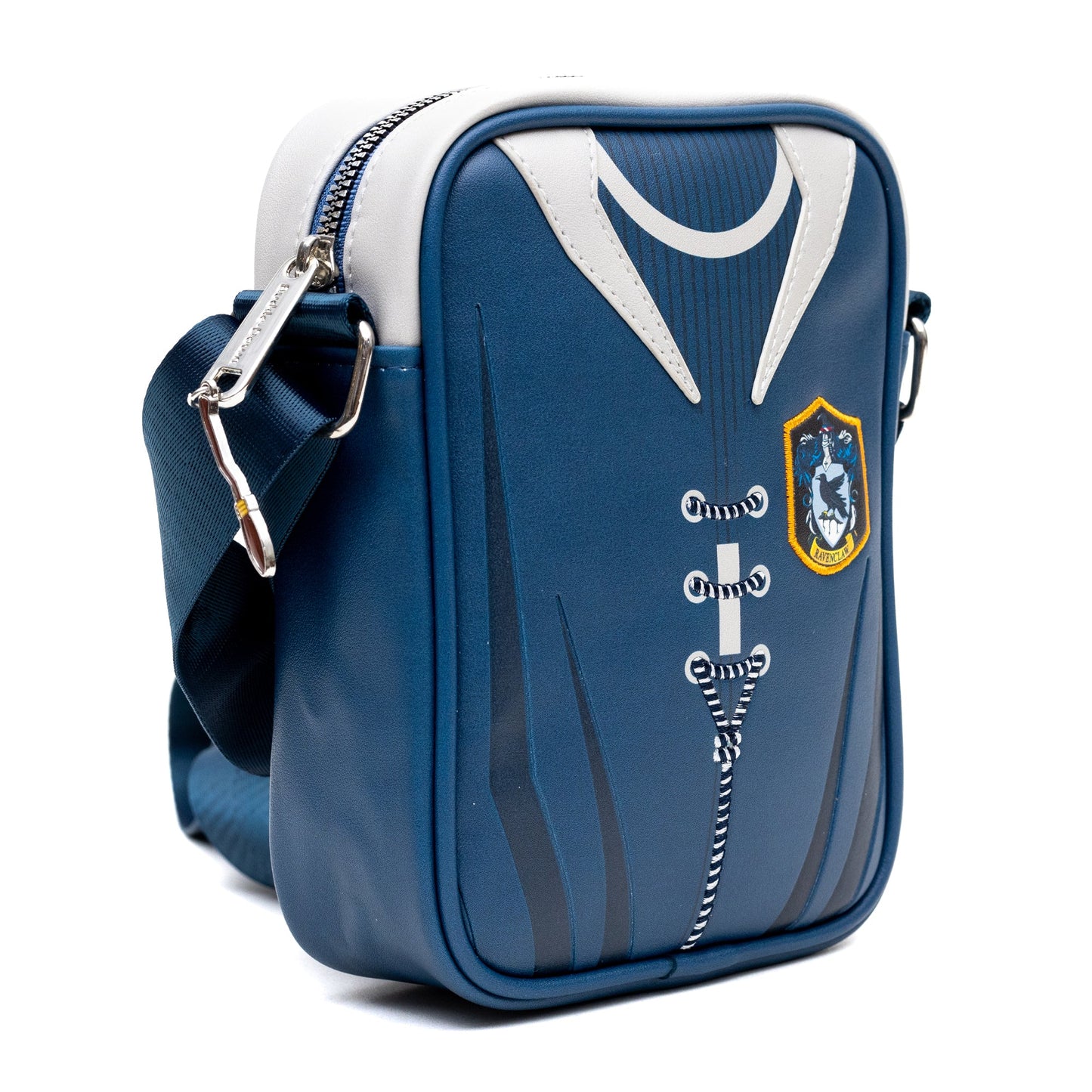 Side view of the vegan leather Ravenclaw crossbody bag showing adjustable strap