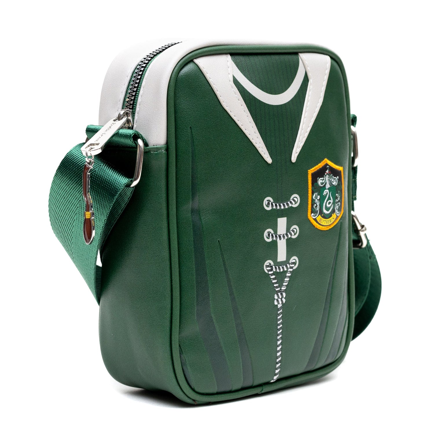Close-up of the Slytherin Quidditch design and printed artwork on the crossbody bag