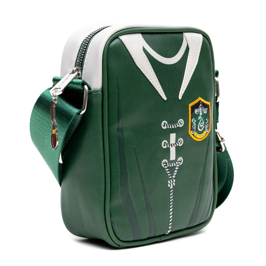 Front view of Harry Potter Slytherin Quidditch Uniform Crossbody Bag in emerald green vegan leather-1