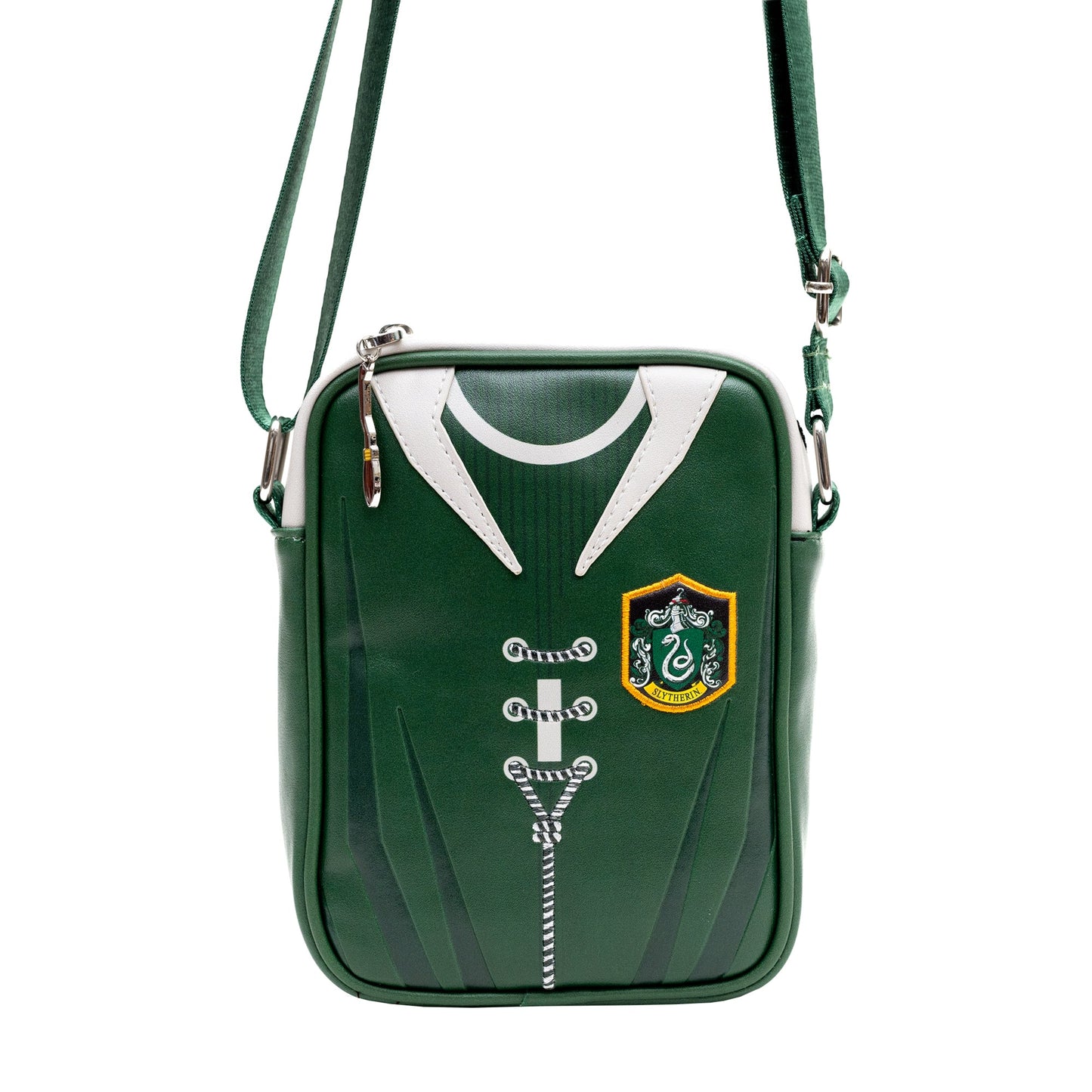 Full view of the adjustable strap on the Slytherin vegan leather crossbody bag