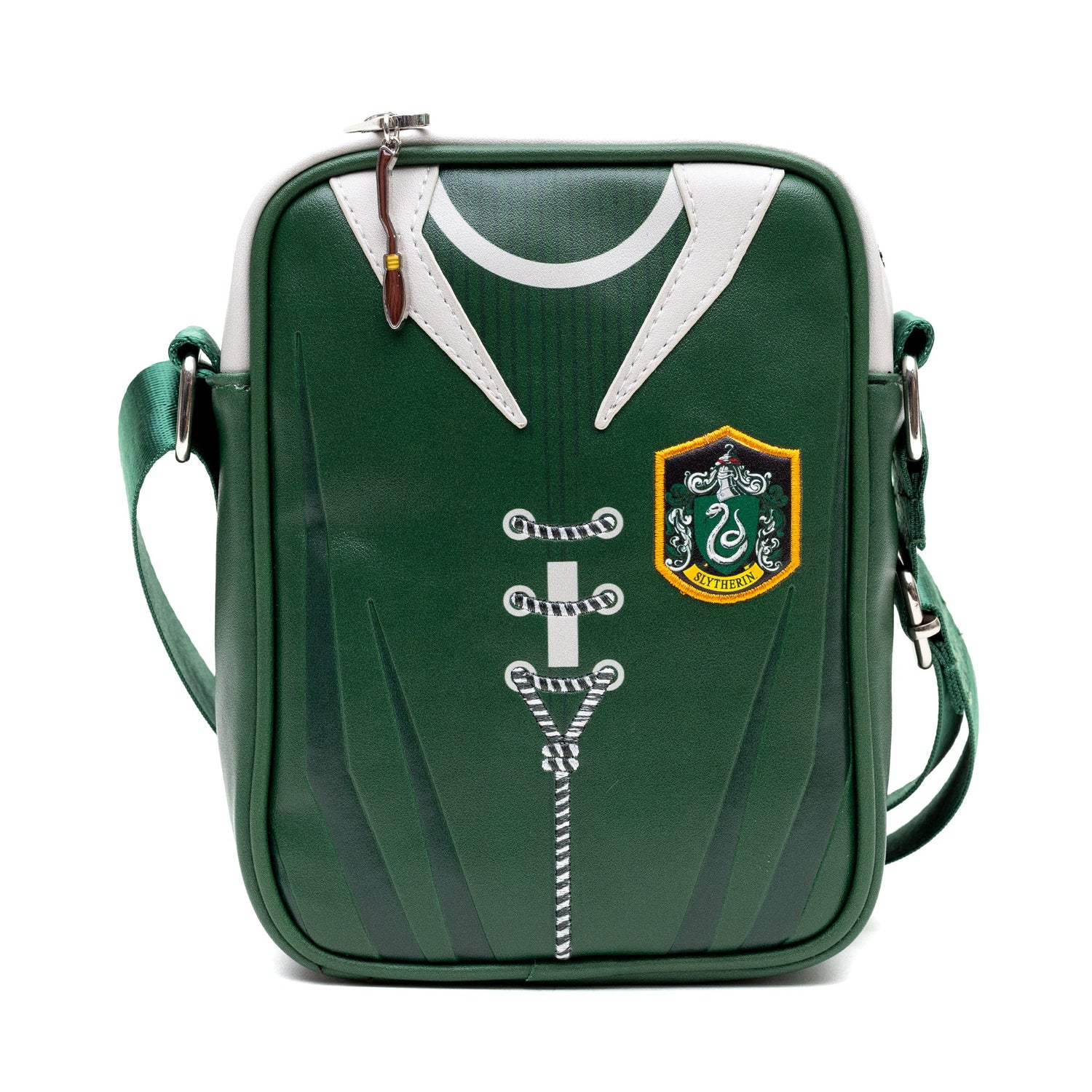 Front view of Harry Potter Slytherin Quidditch Uniform Crossbody Bag in emerald green vegan leather