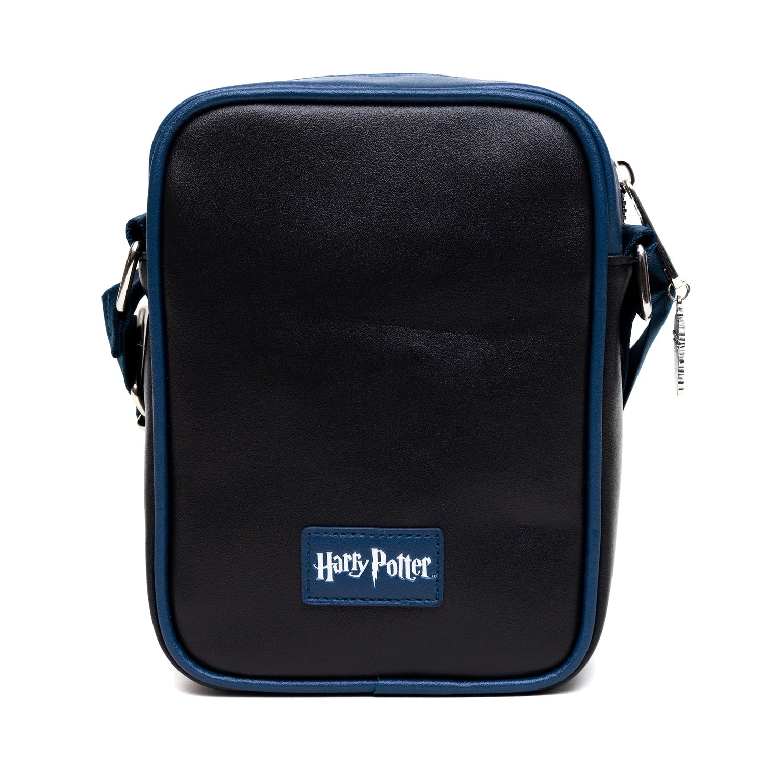 Back view of the Buckle-Down crossbody bag with smooth blue vegan leather.
