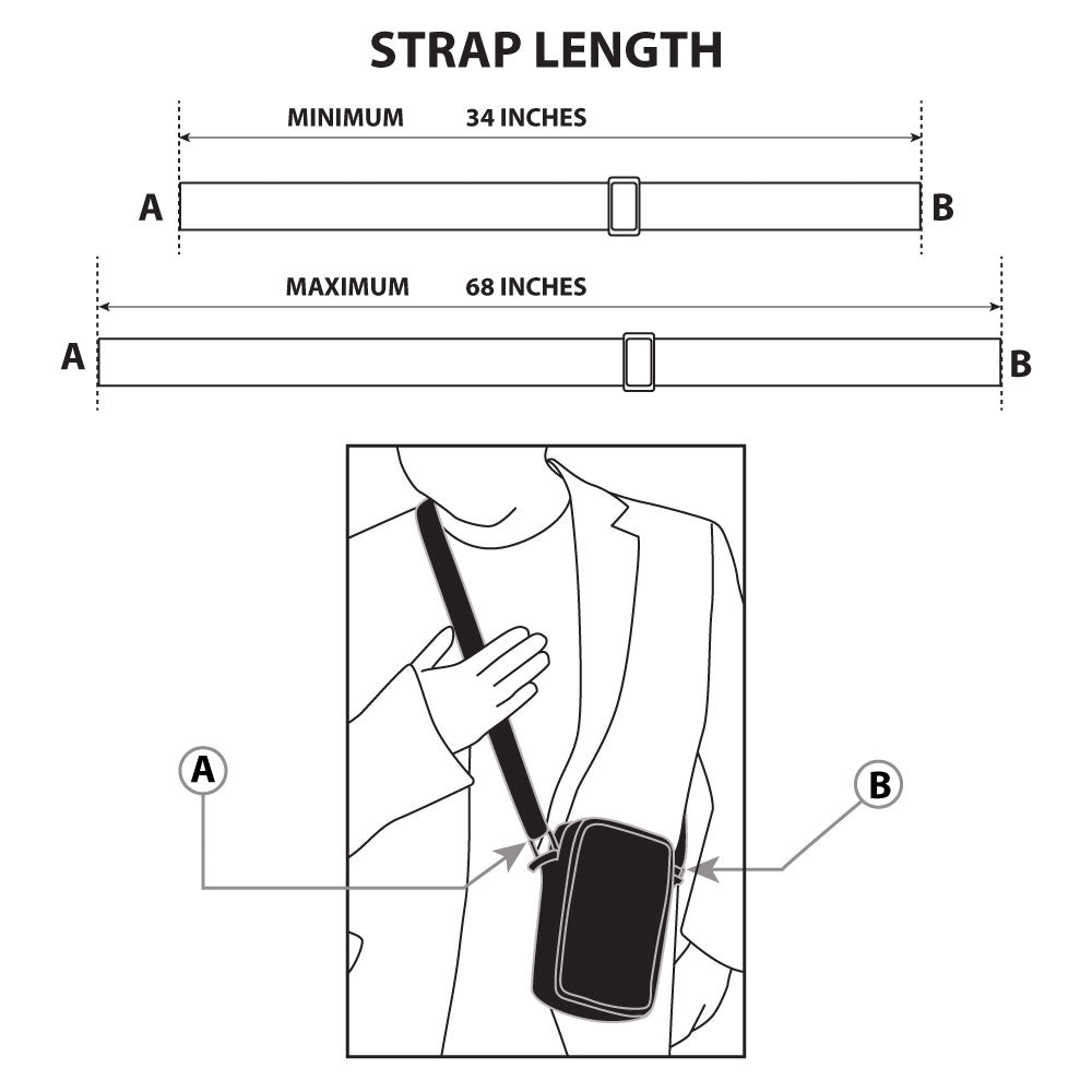 View of the fully adjustable polyester strap showing the 34 to 68-inch range.