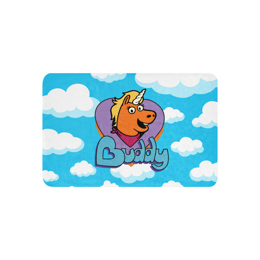 Buddy Logo Sherpa Blanket spread flat showing the full logo design-3