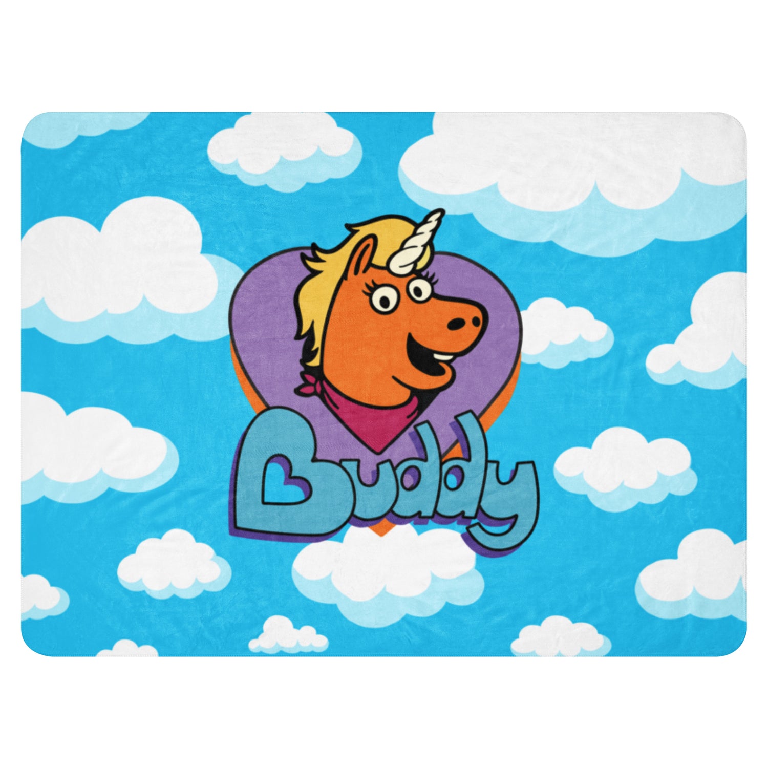 Buddy Logo Sherpa Blanket spread flat showing the full logo design