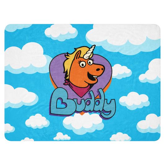 Buddy Logo Sherpa Blanket spread flat showing the full logo design-0