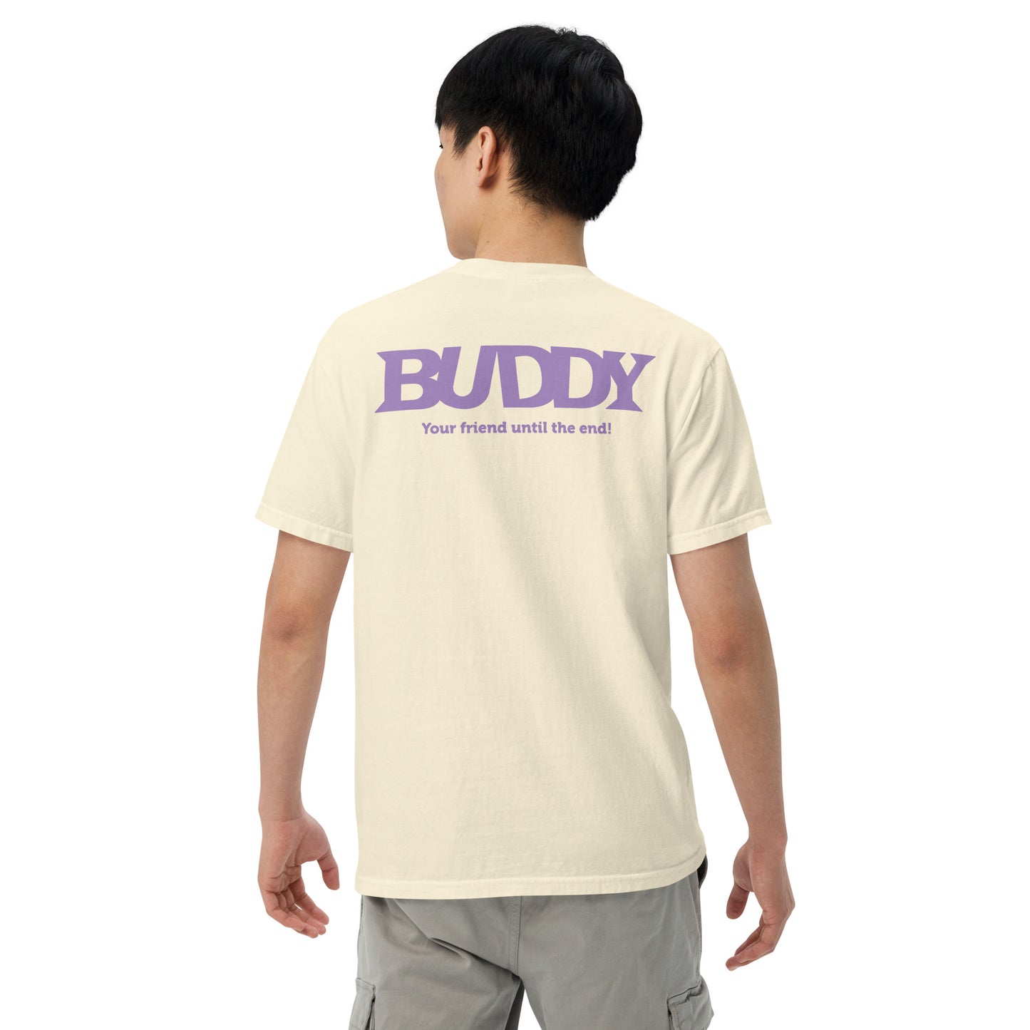 Full view of the 100% cotton Buddy t-shirt in black