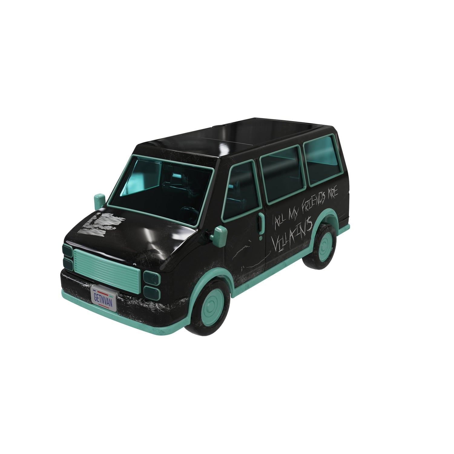 Front view of the Blumhouse van popcorn bucket with detailed horror graphics