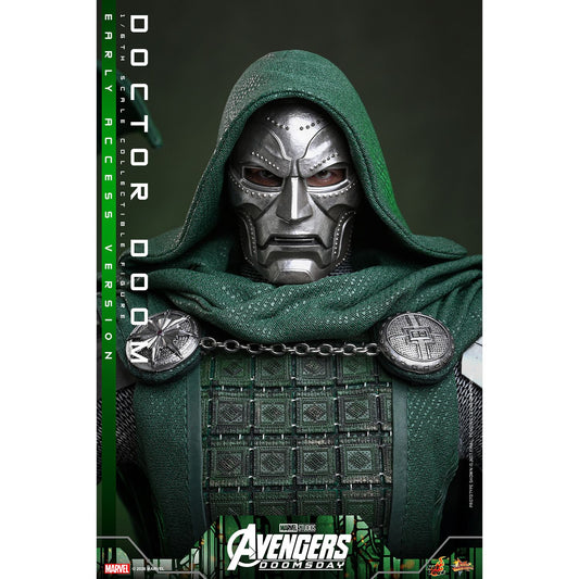 Hot Toys sixth scale Doctor Doom figure standing in full armor with his dark green hooded cloak-8