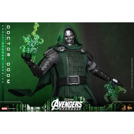 Hot Toys sixth scale Doctor Doom figure standing in full armor with his dark green hooded cloak-11