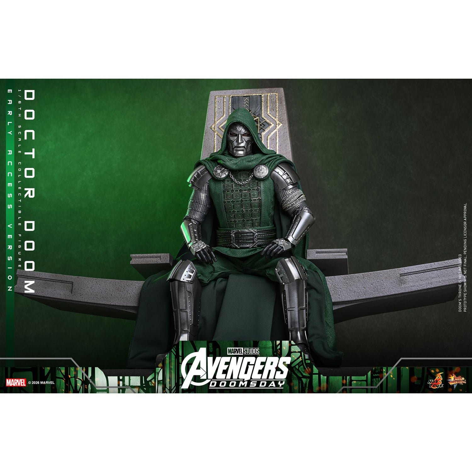 Back view of Doctor Doom displaying the textured green cloak and metal chain clasp