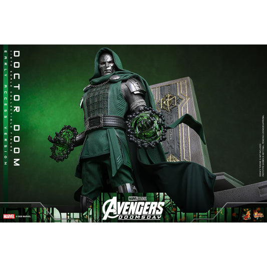 Hot Toys sixth scale Doctor Doom figure standing in full armor with his dark green hooded cloak-9