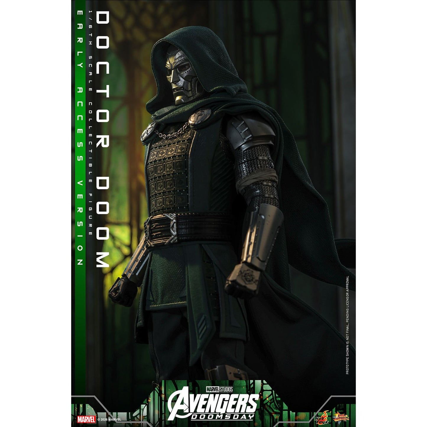 Detail shot of the specially designed figure stand with Avengers: Doomsday logo