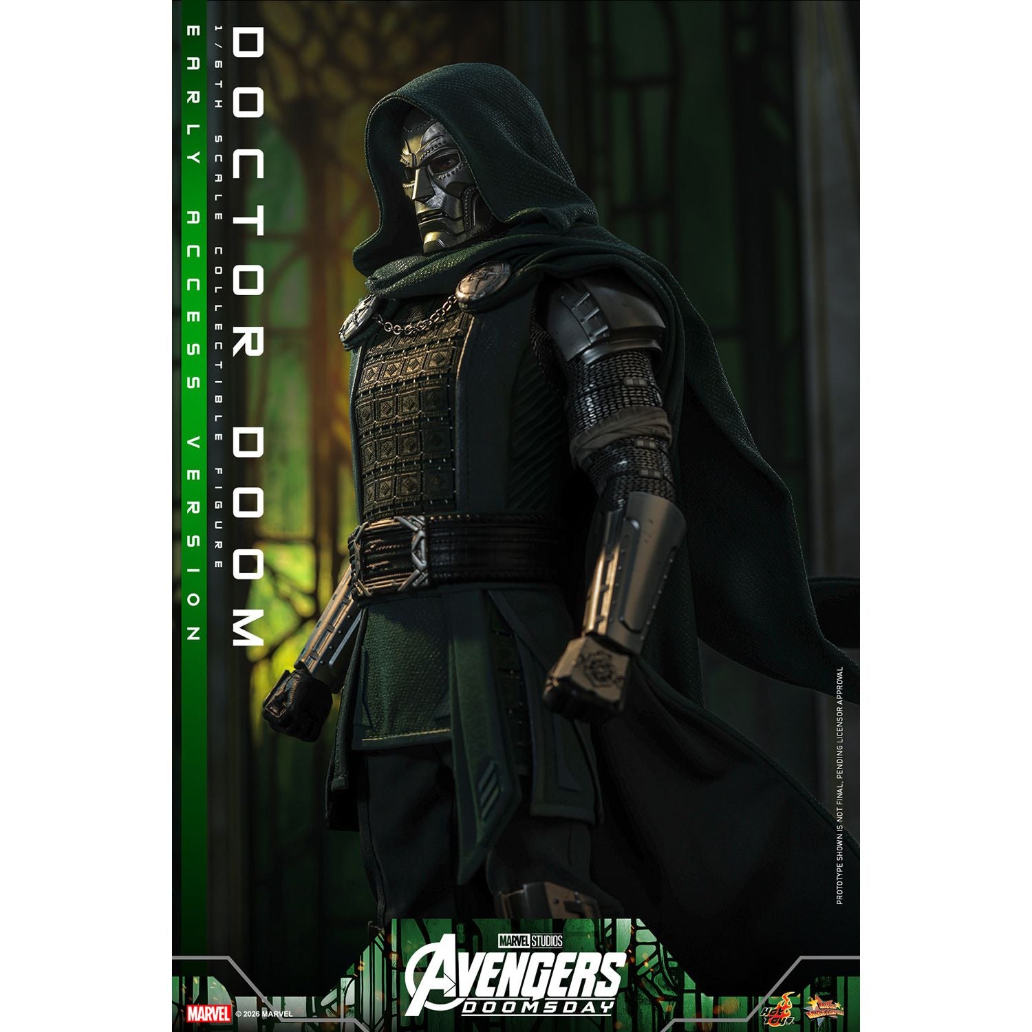 Detail shot of the specially designed figure stand with Avengers: Doomsday logo