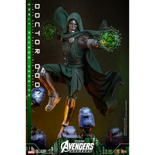 Hot Toys sixth scale Doctor Doom figure standing in full armor with his dark green hooded cloak-15