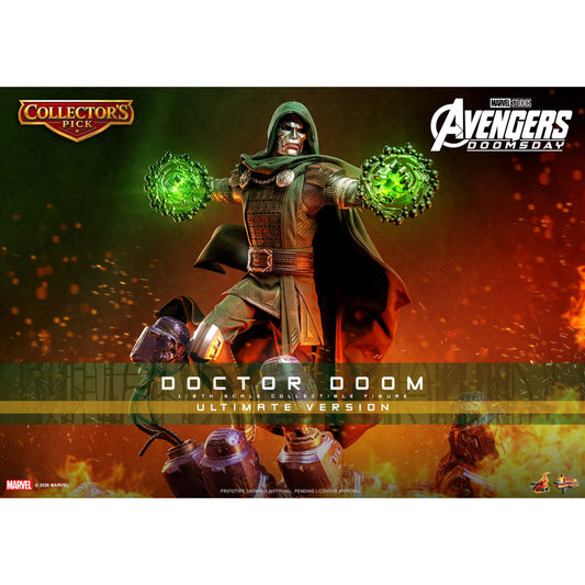 Sixth scale Doctor Doom figure standing in full armor with his dark green hooded cloak-20