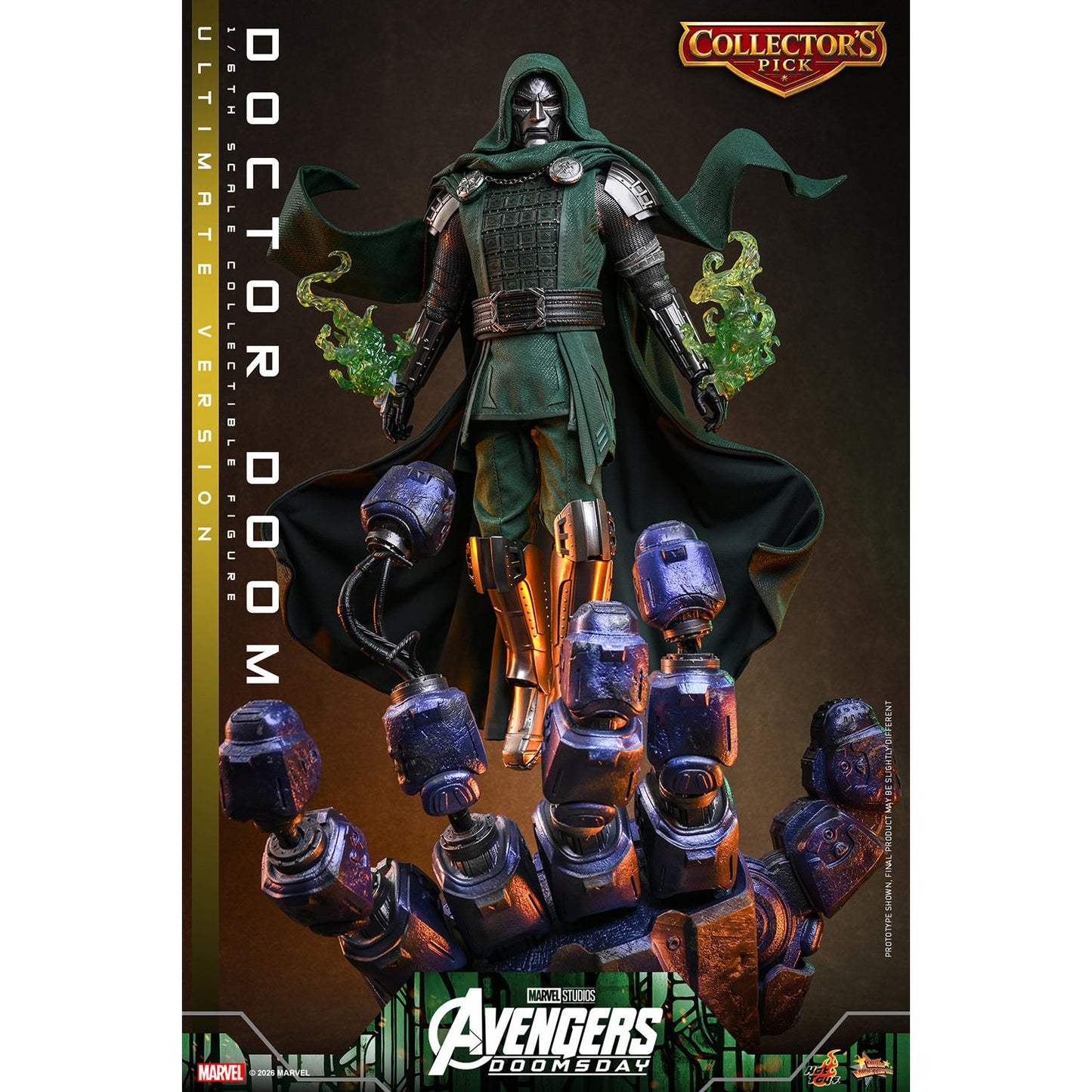 Sixth scale Doctor Doom figure standing in full armor with his dark green hooded cloak