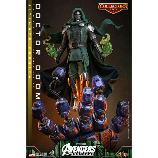 Sixth scale Doctor Doom figure standing in full armor with his dark green hooded cloak-0