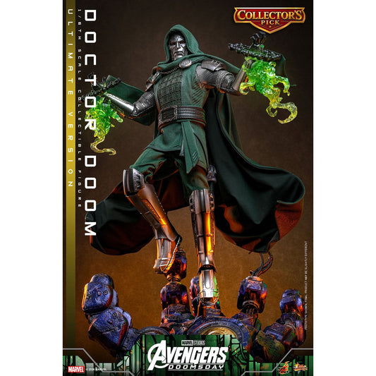 Sixth scale Doctor Doom figure standing in full armor with his dark green hooded cloak-2