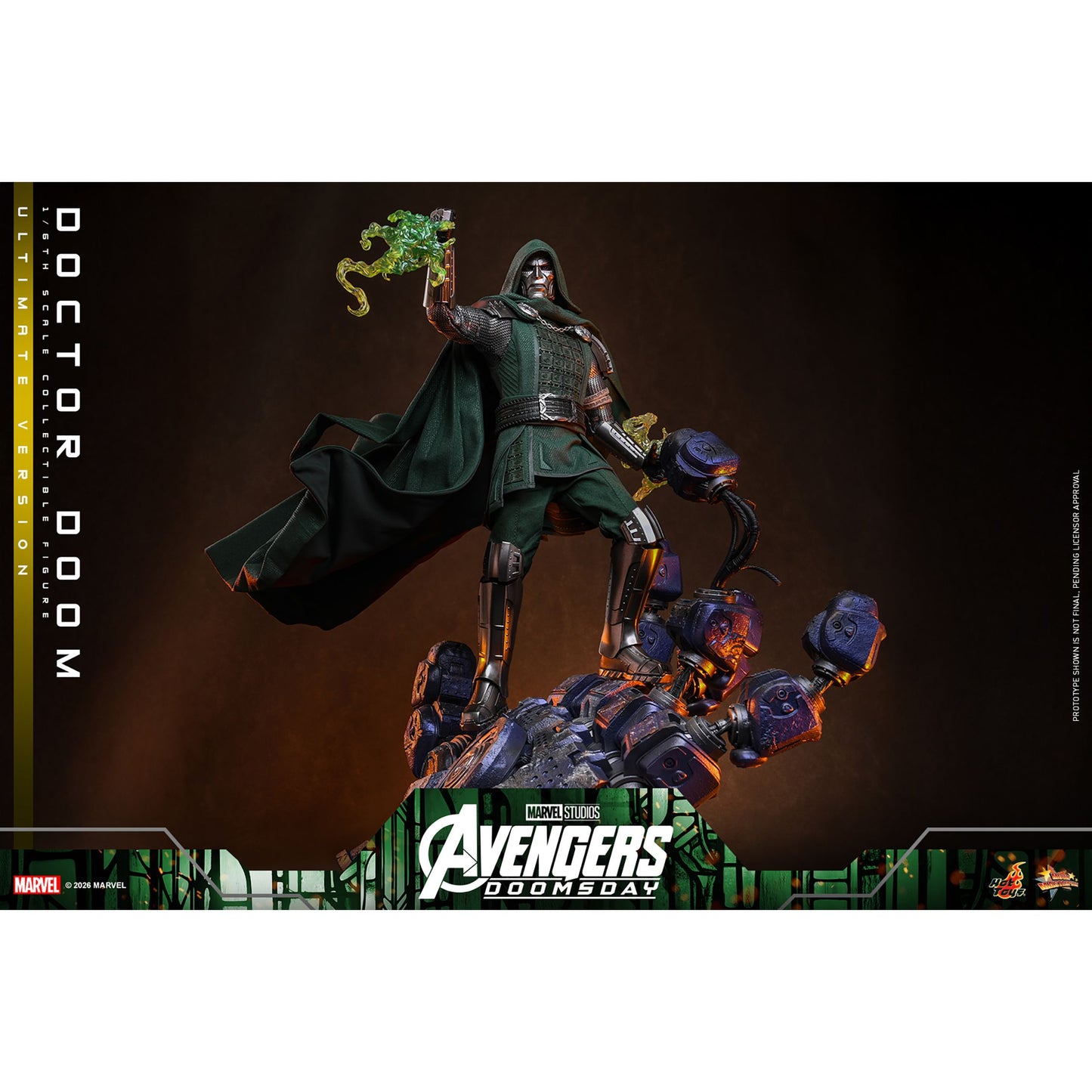 Front view of Doctor Doom showcasing his multilayered armored suit and green tunic