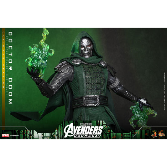 Sixth scale Doctor Doom figure standing in full armor with his dark green hooded cloak-8