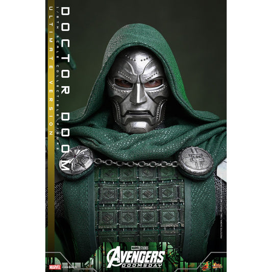 Sixth scale Doctor Doom figure standing in full armor with his dark green hooded cloak-10