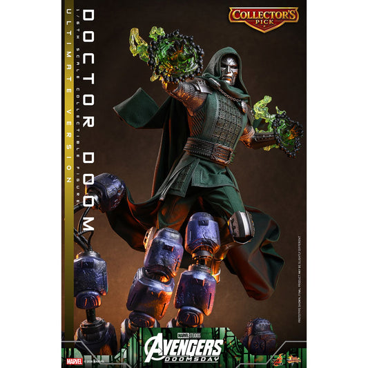 Sixth scale Doctor Doom figure standing in full armor with his dark green hooded cloak-12