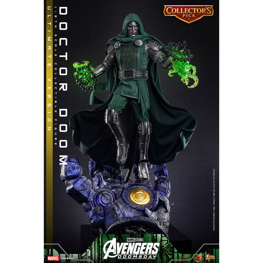Sixth scale Doctor Doom figure standing in full armor with his dark green hooded cloak-13