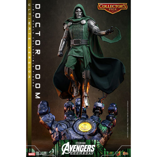 Sixth scale Doctor Doom figure standing in full armor with his dark green hooded cloak-14