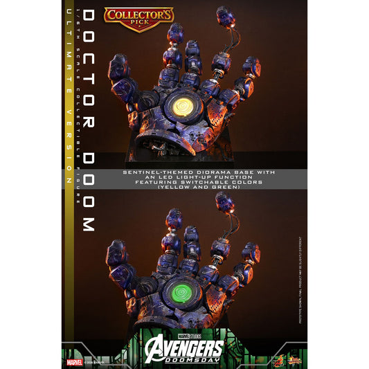 Sixth scale Doctor Doom figure standing in full armor with his dark green hooded cloak-15