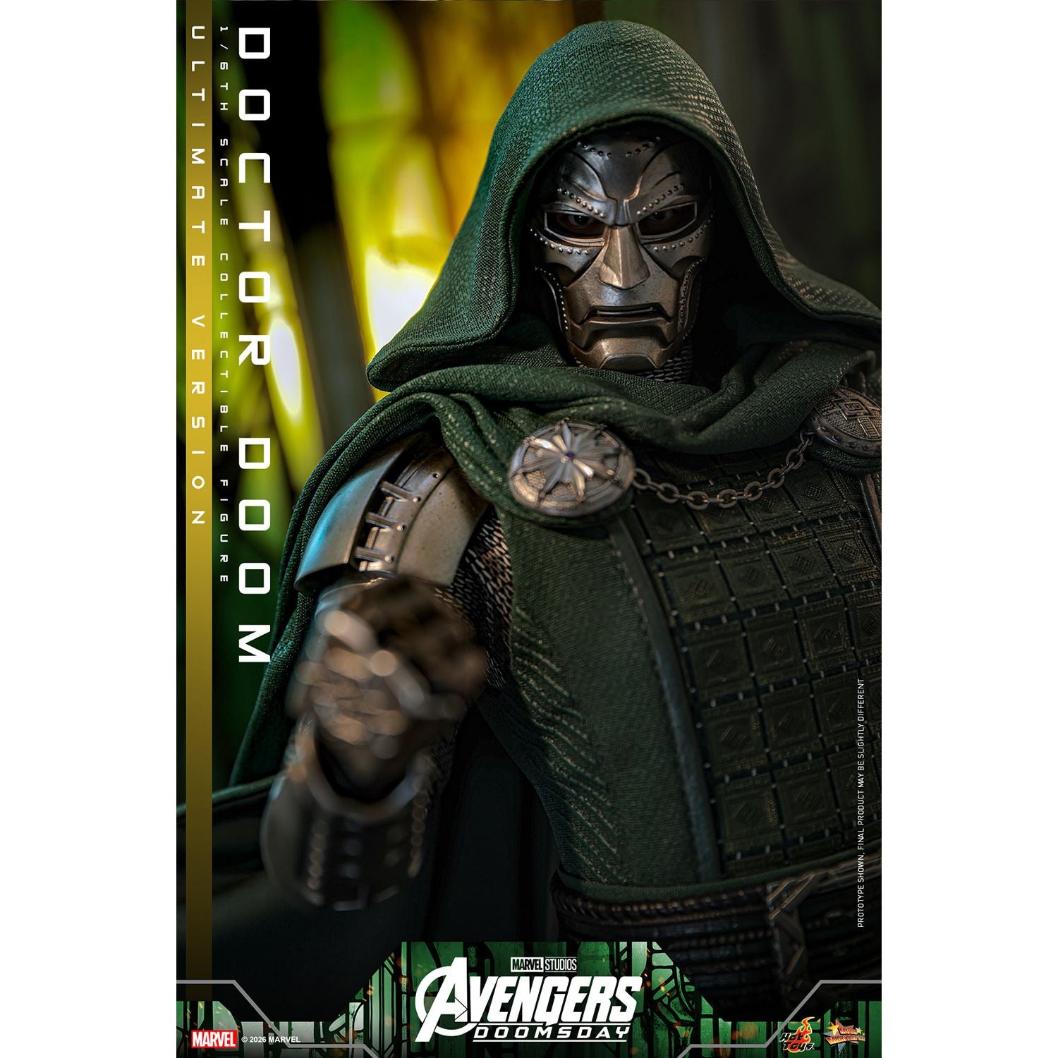 Low-angle shot emphasizing the imposing stature and design of the Doctor Doom figure