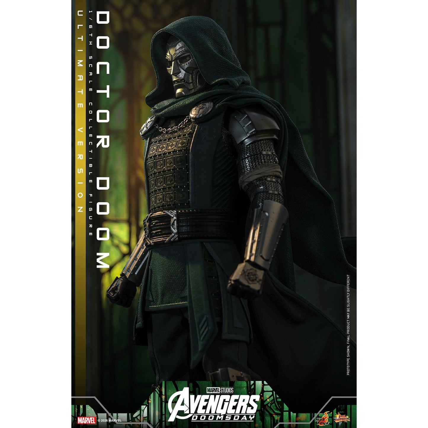 Side profile view of Doctor Doom showing the detailed draping of the hooded cloak