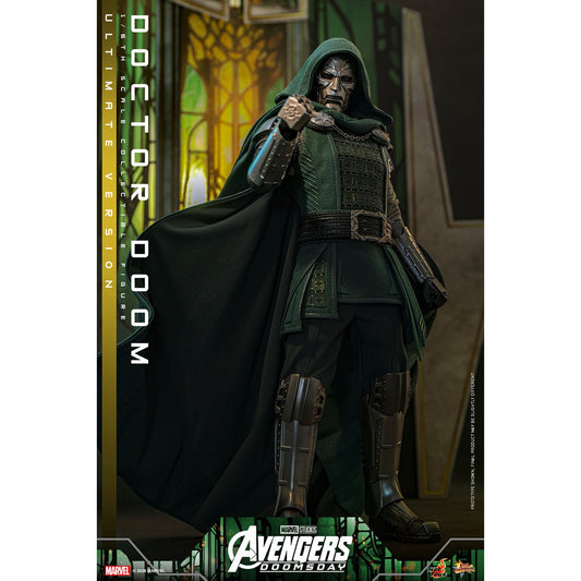 Sixth scale Doctor Doom figure standing in full armor with his dark green hooded cloak-19
